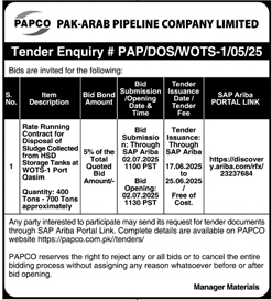Pak Arab Pipeline Company Limited Tender Notice